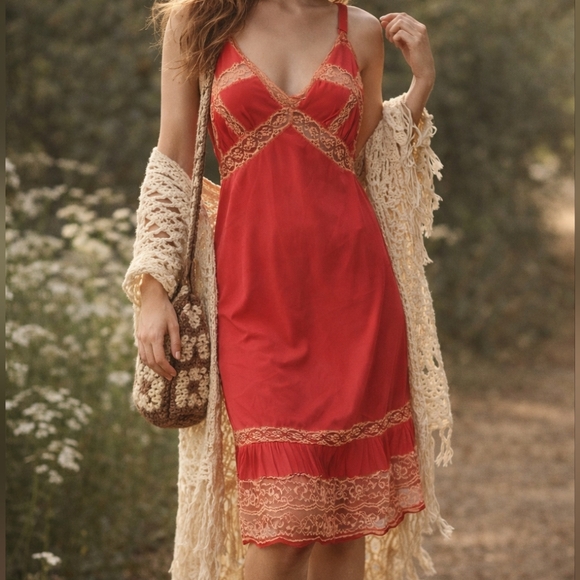Vintage Other - Vintage Michelen Red Coral Lace Slip Lingerie Dress 60s 70s Medium Large